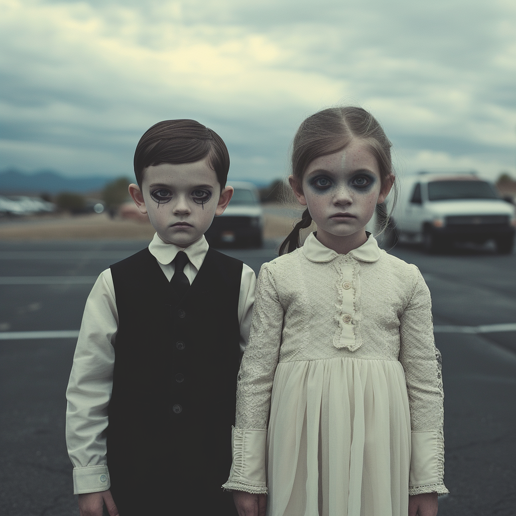 Menacing children in formal attire at parking lot