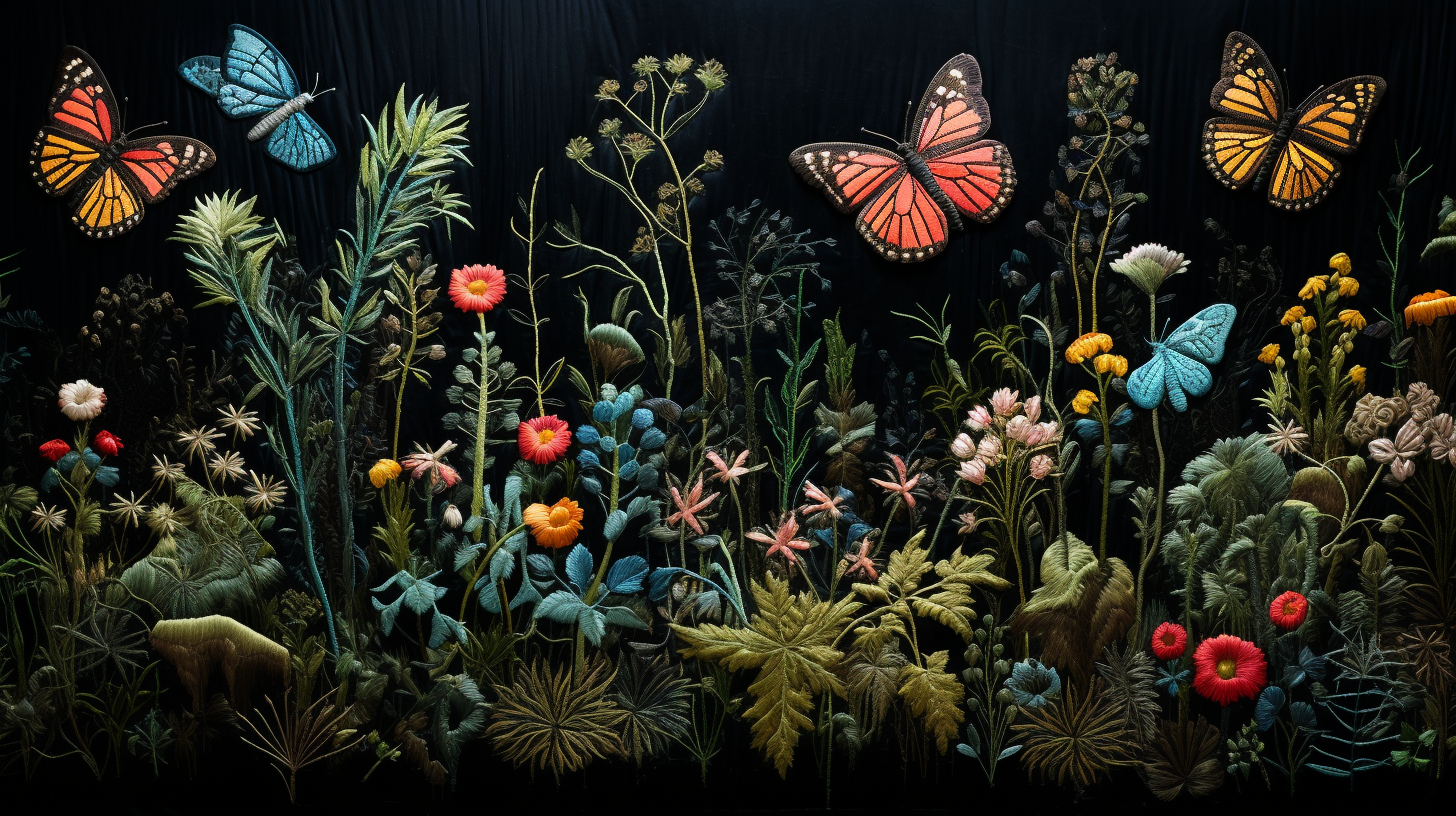 Black fabric with decaying flowers, ferns, and butterflies