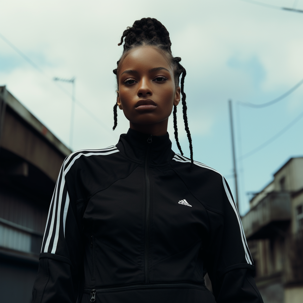 Black female action figure in Adidas tracksuit