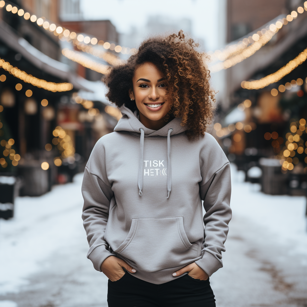 Black female model in grey sweatshirt