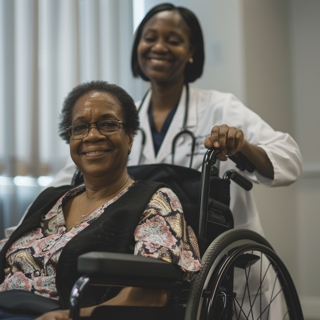 Smiling black female nurse patient interaction