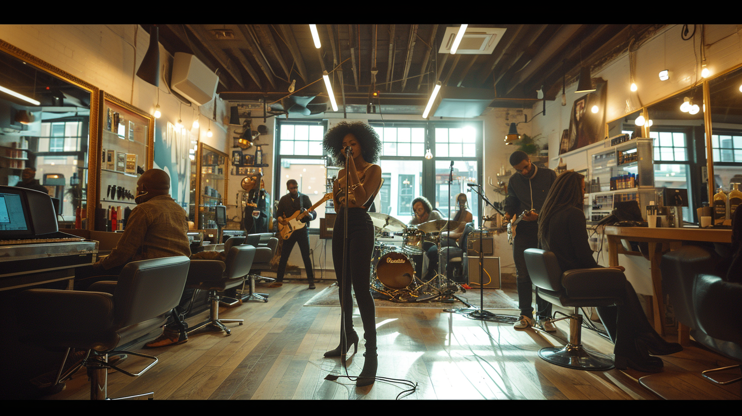 Black Female Singer and Band Performing in Hair Salon