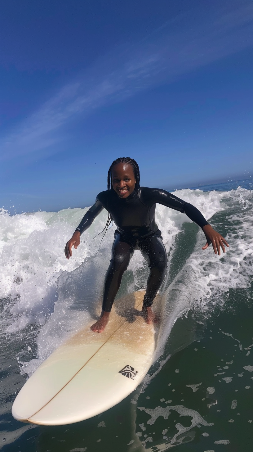 Black female surfer in Santa Monica