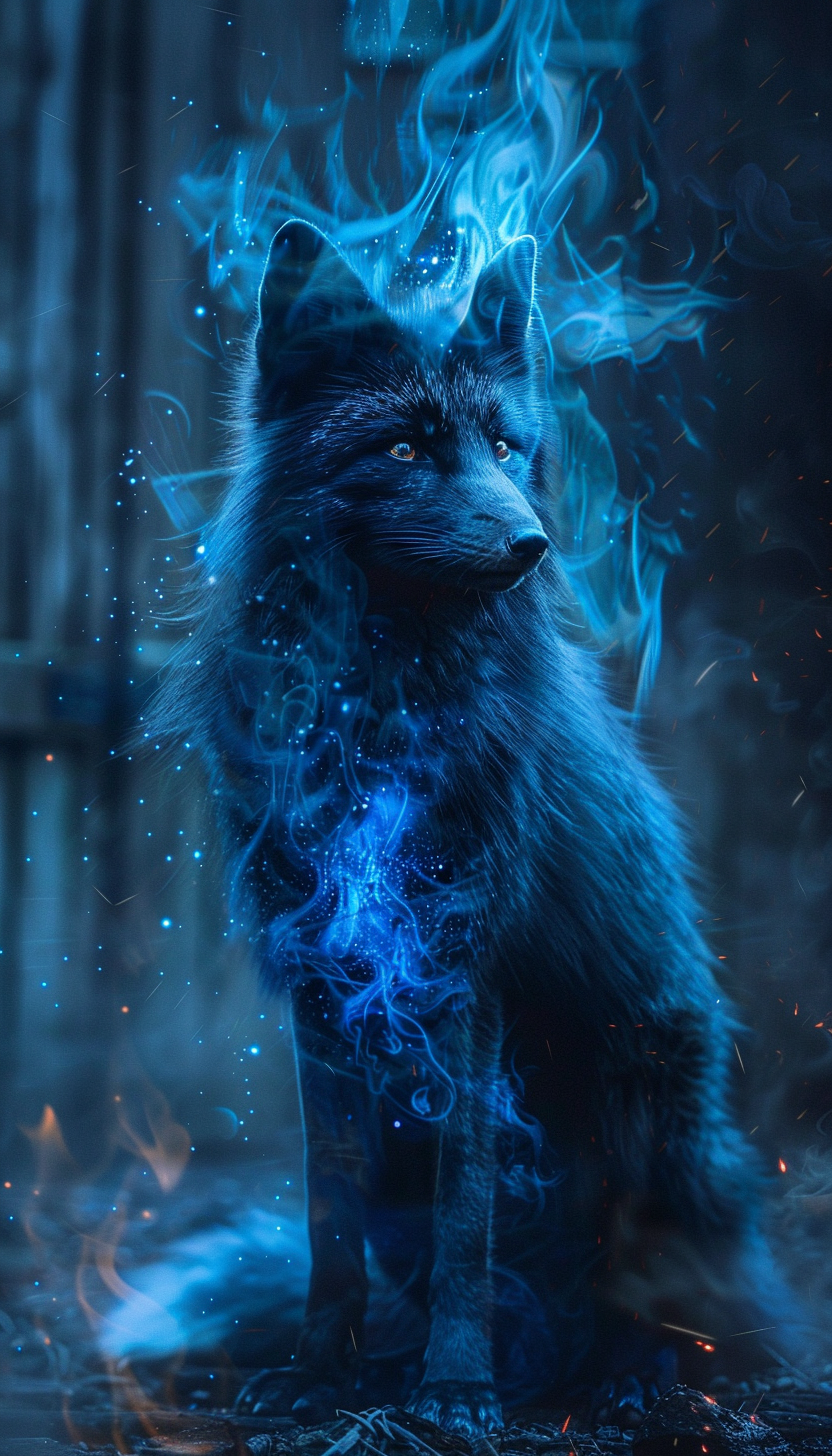 Black fox with blue magic sparks