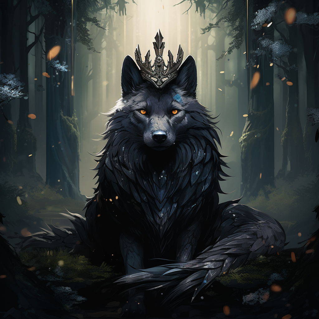 Black fox in magical forest with crown