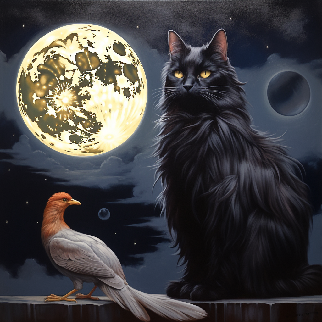 Black fur cat with COQ sitting under the moon