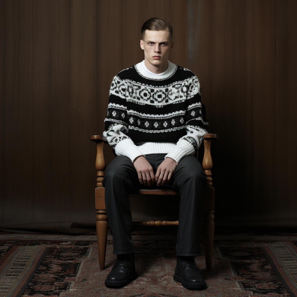 Fashionable black gansey jumper with monobloc chair embroidery