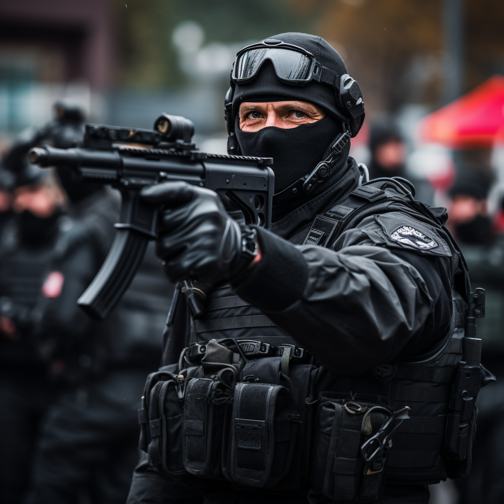 Man in Black Gear Pointing Gun at Parade