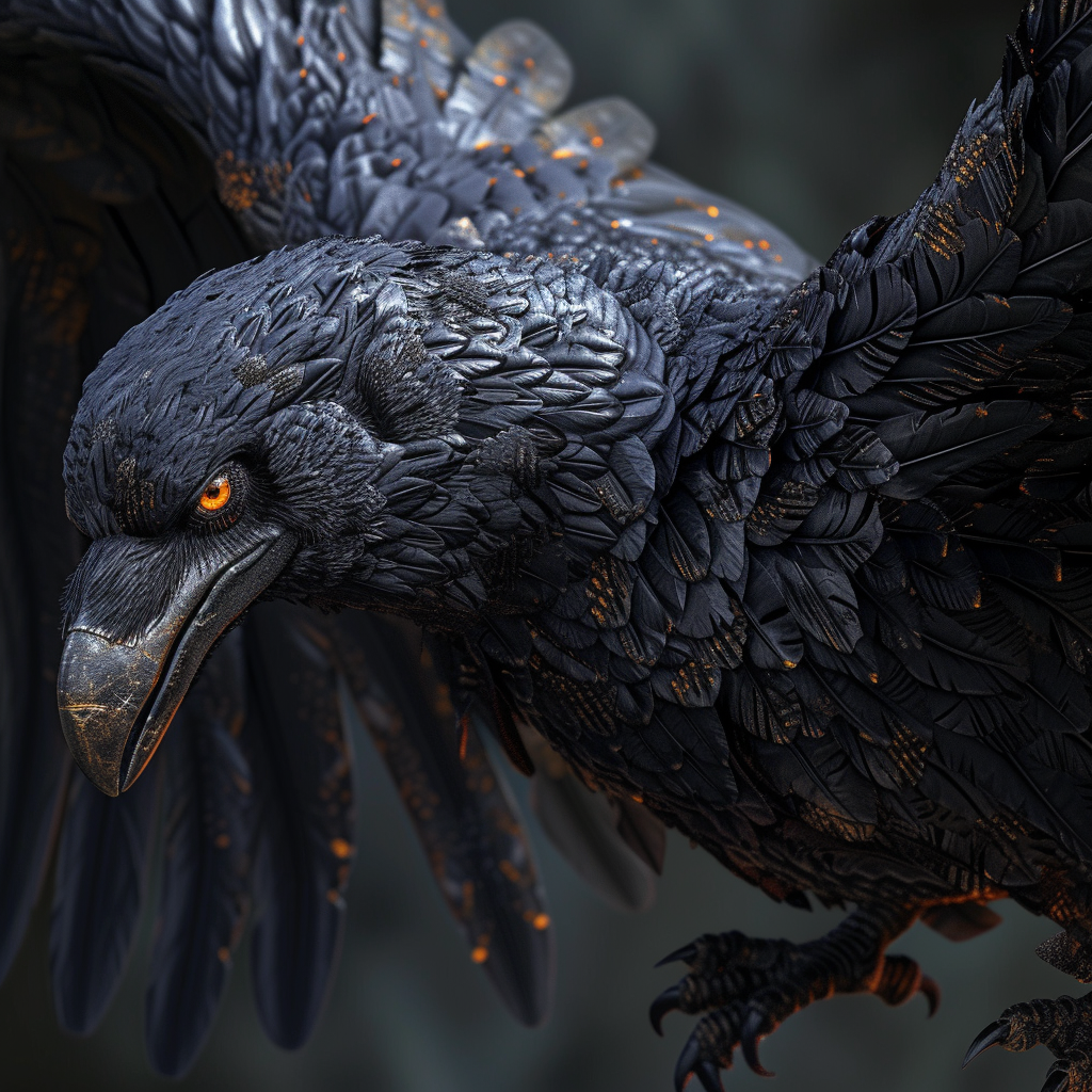 Black Giant Raven with Amber Eyes in Dynamic Pose