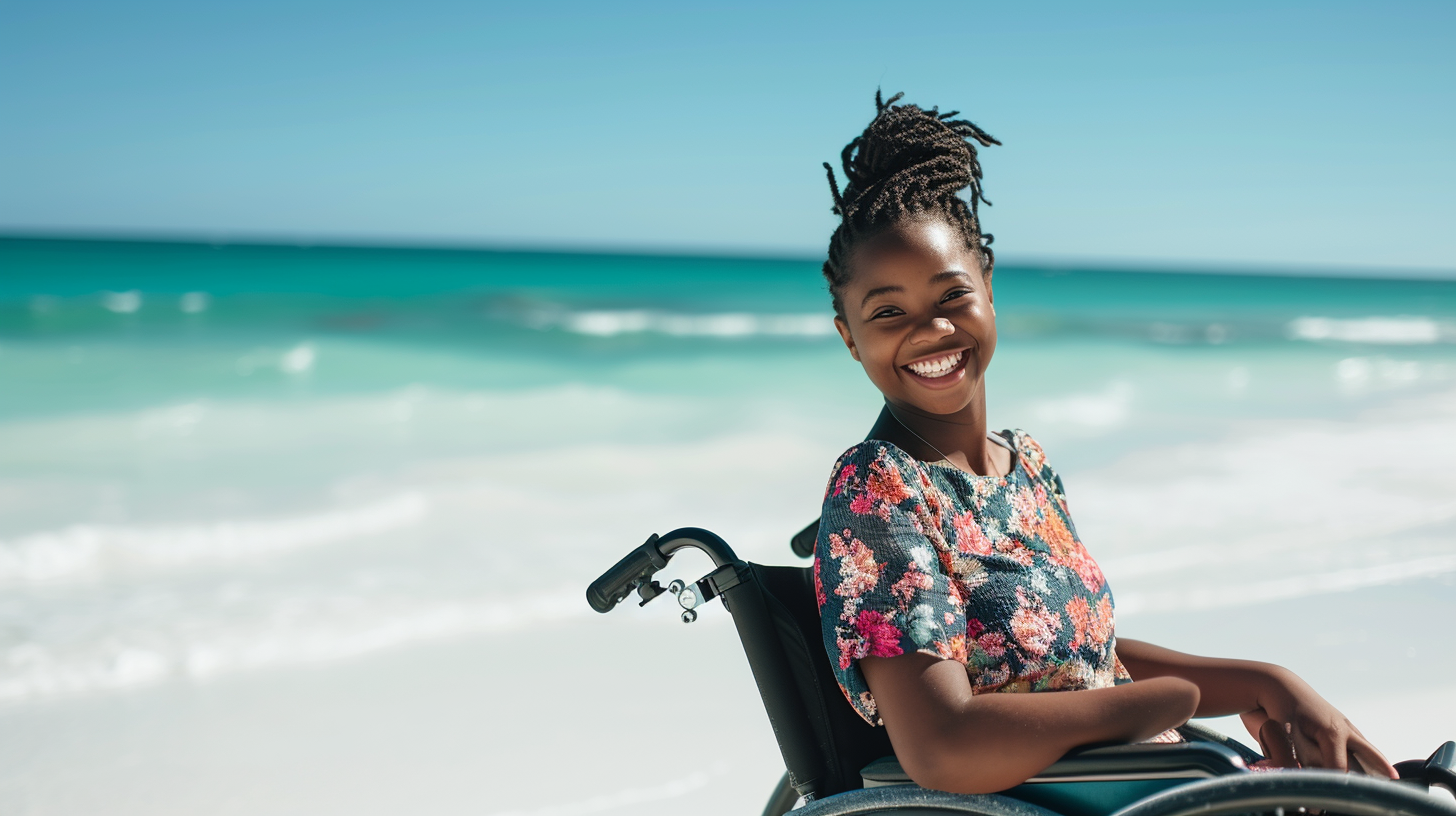 Smiling black girl in beach wheelchair