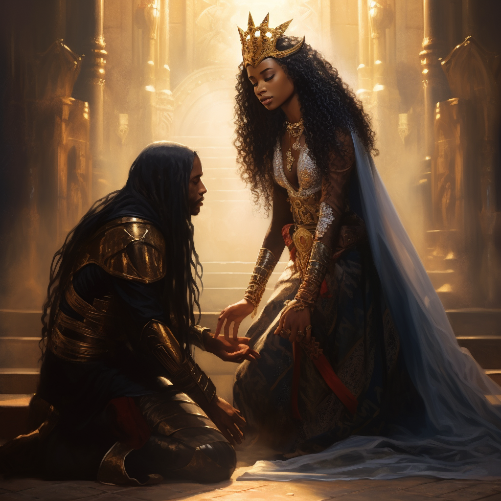 Black girl transformed, bowing to her glorious king