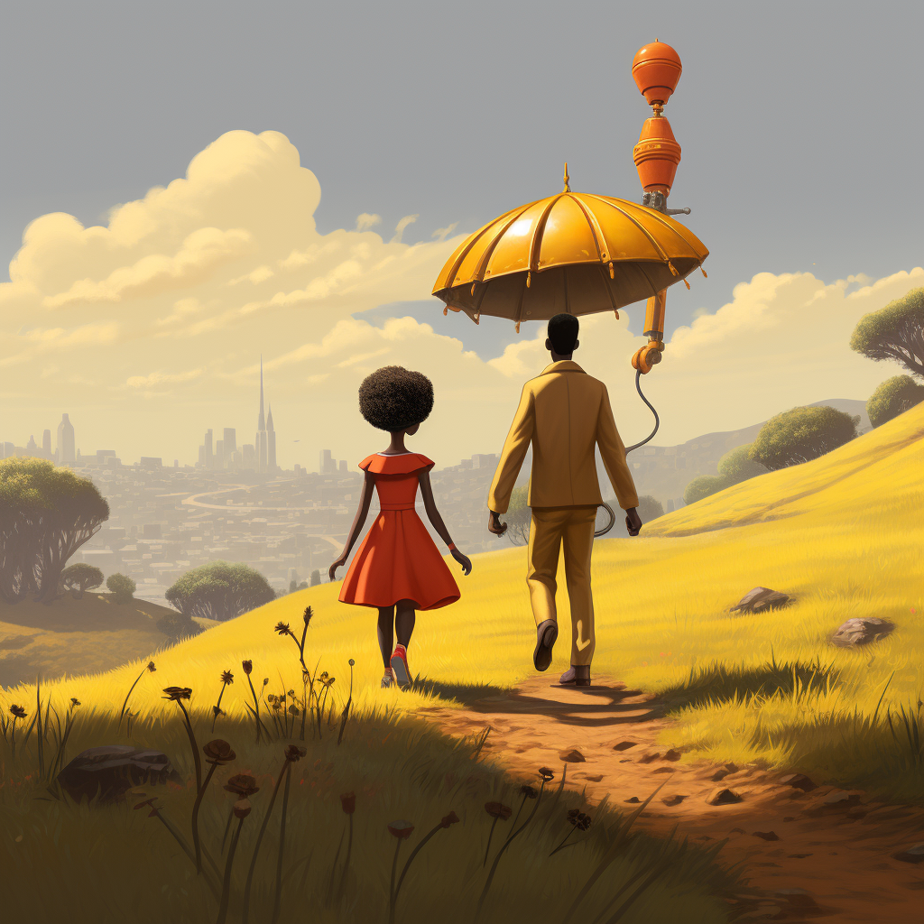 Black girl in yellow dress walking with robot umbrella