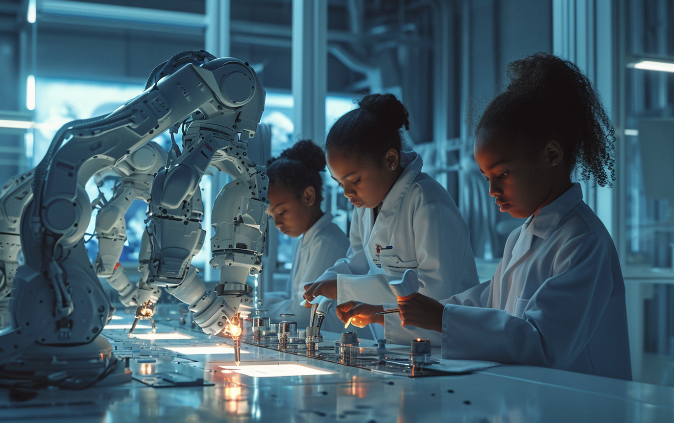 Young black girls assembling robotic arm in lab