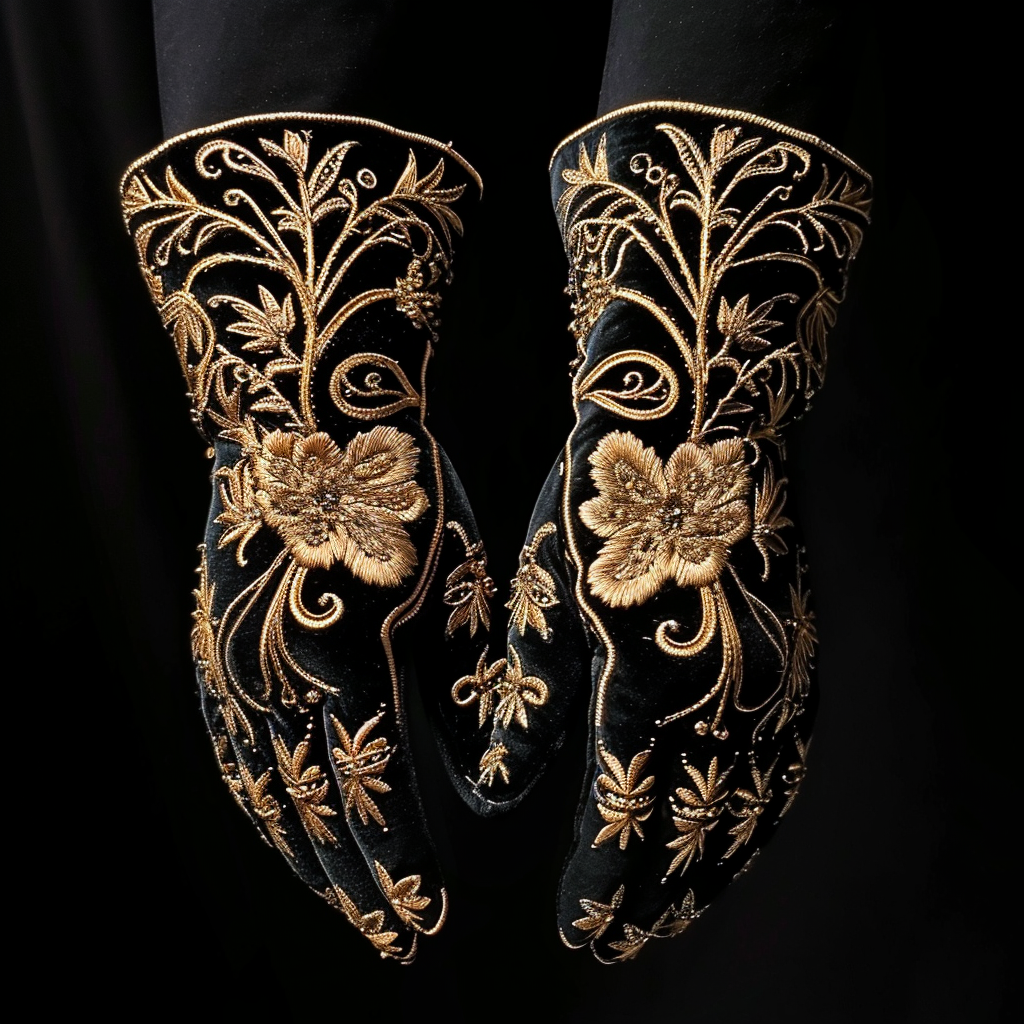 Black gloves with golden embroidered ornaments on black background