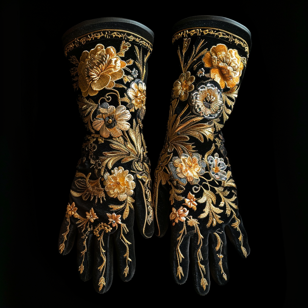 Black gloves with embroidered golden flowers