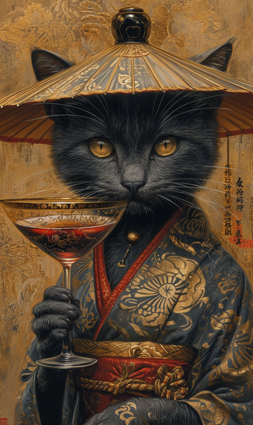 Black and Gold Female Cat Wearing Kimono