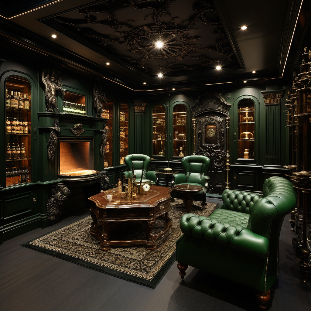 Black Green Luxury Cigar Room with Woods and Heater