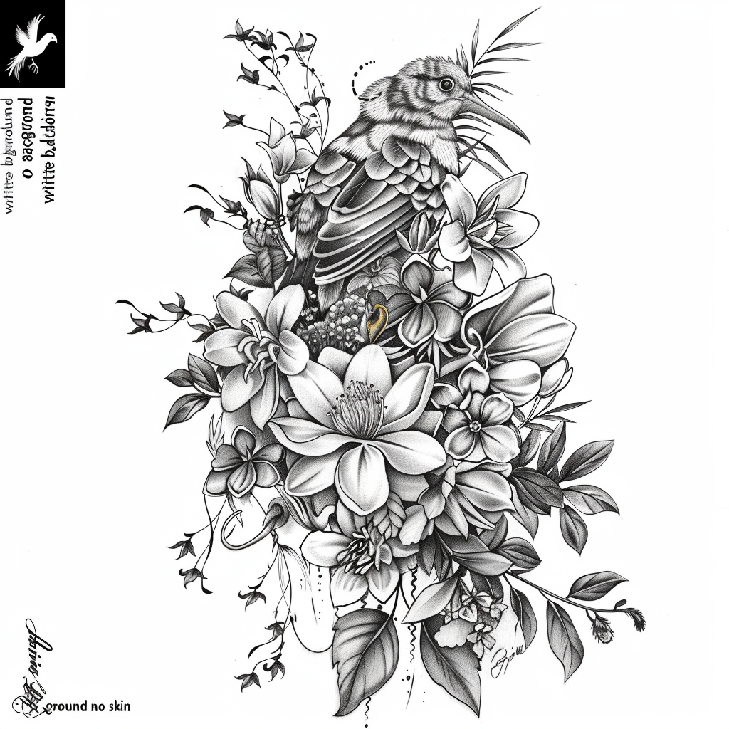 Black grey line tattoo flowers water hen