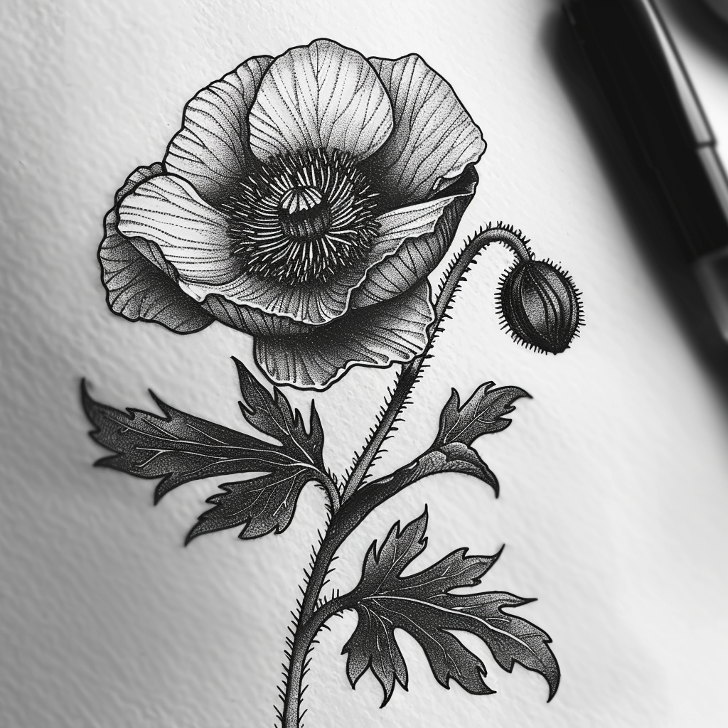 Poppy flower in black grey linework