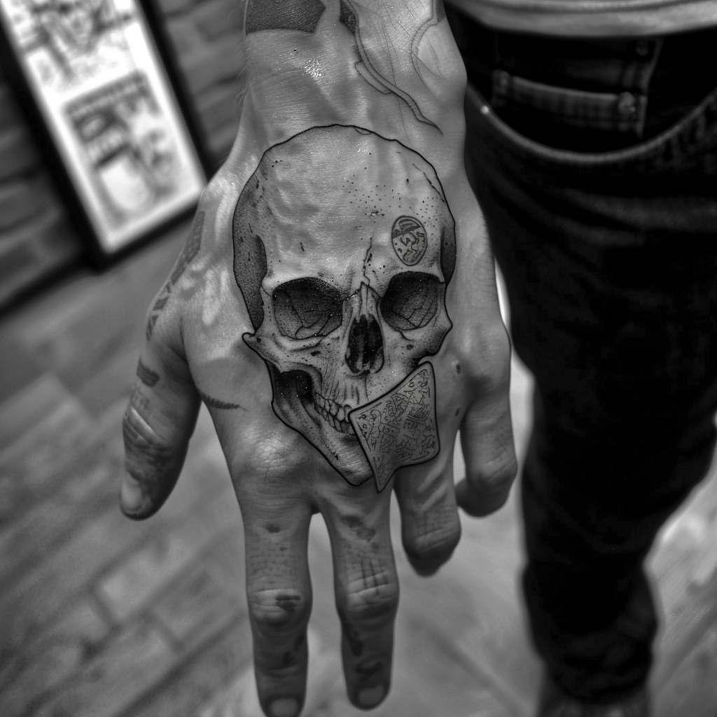 Skull tattoo holding map hand