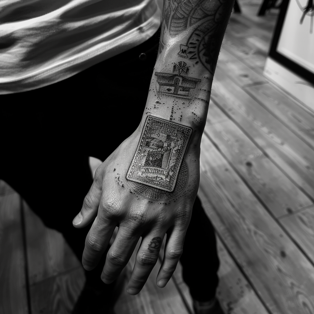 Sensenmann holding map tattoo