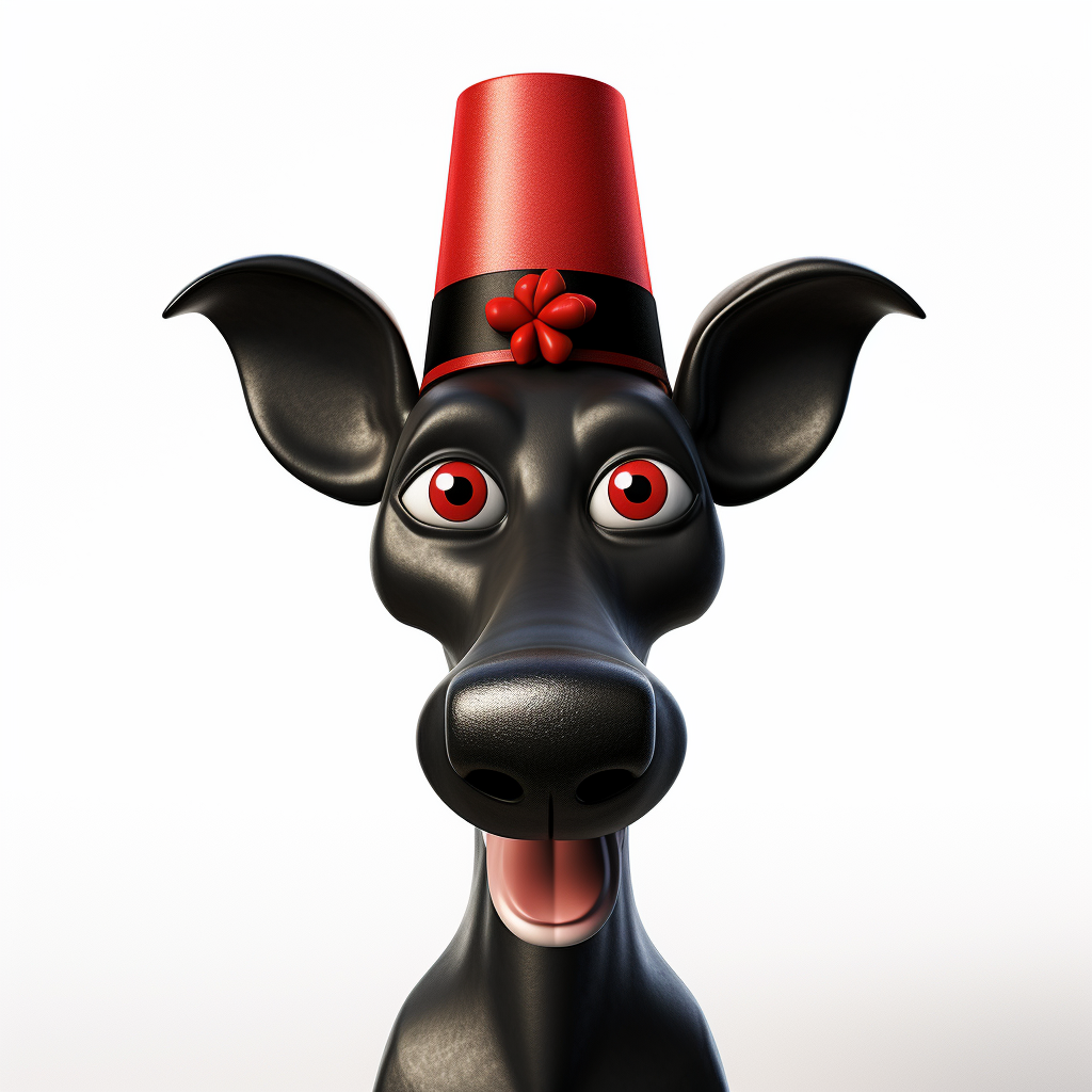 Black greyhound wearing clown hat and red nose