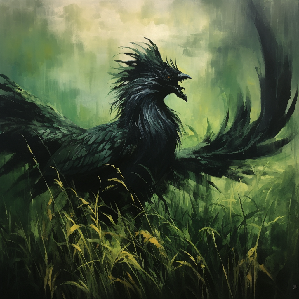 Rennaisance-style oil painting of a black griffin in green field