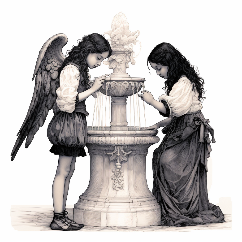 Girls with black hair and water fountain angels