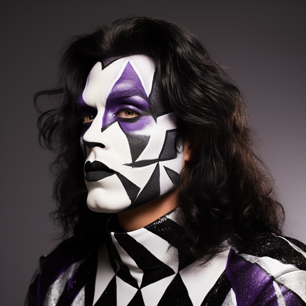 Dramatic black and white facepaint with purple diamond.