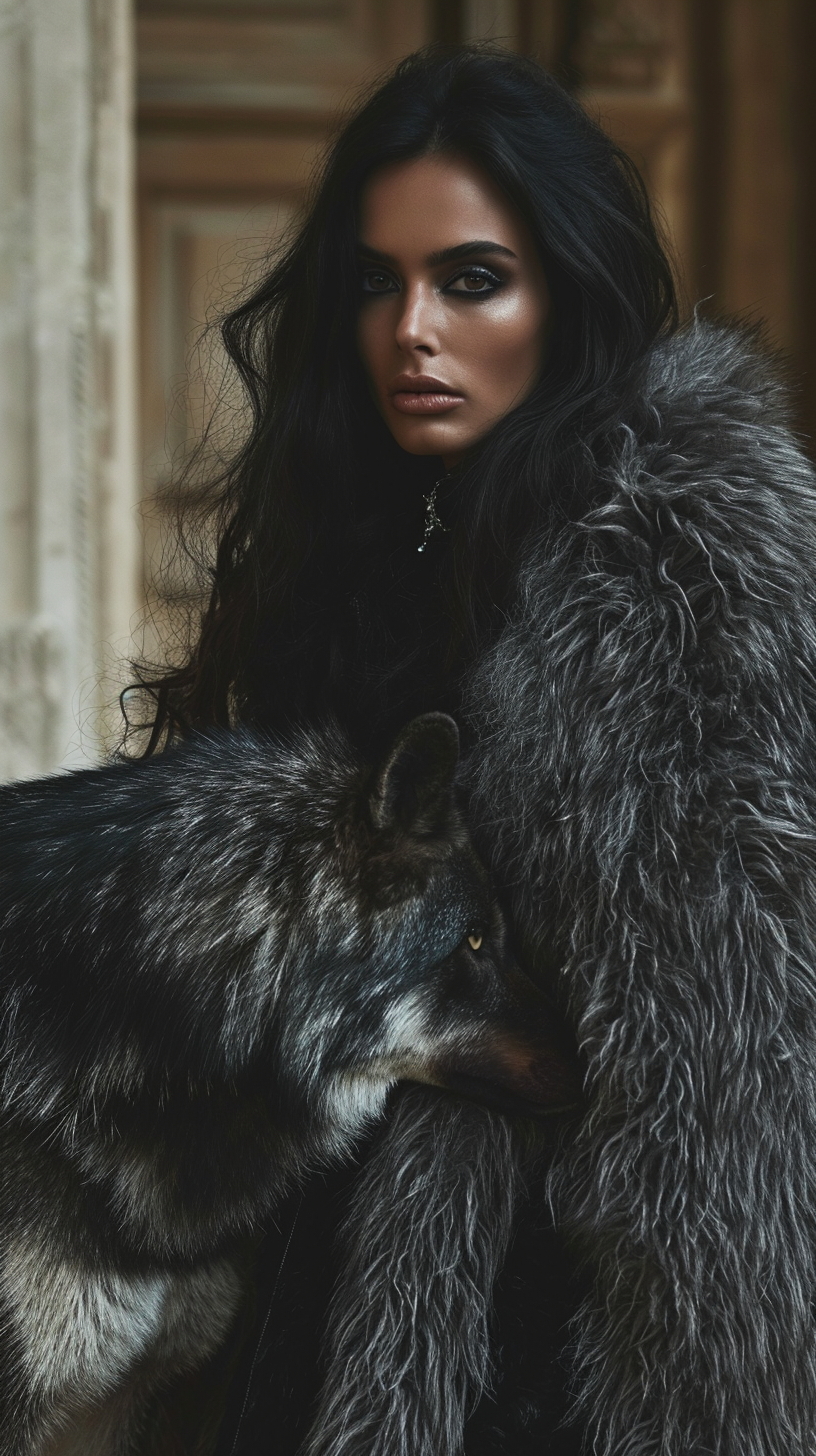 Supermodel with Avant Garde Fur Coat and Wolf