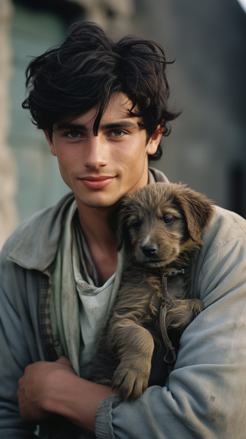 Black-haired man hugging adorable puppy