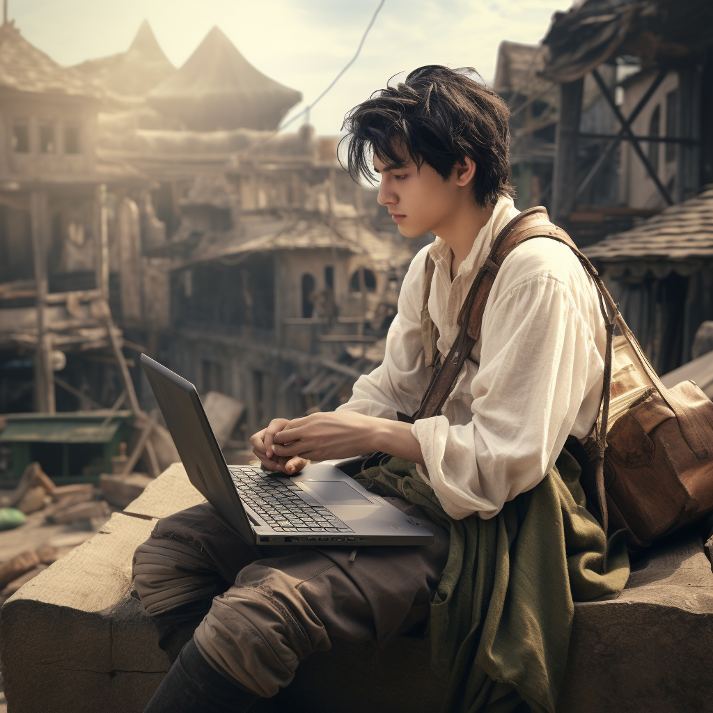 Teenage boy working on laptop in historical setting