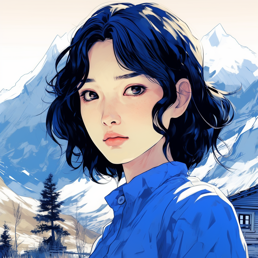 Peaceful Asian girl in romantic Klein blue illustration