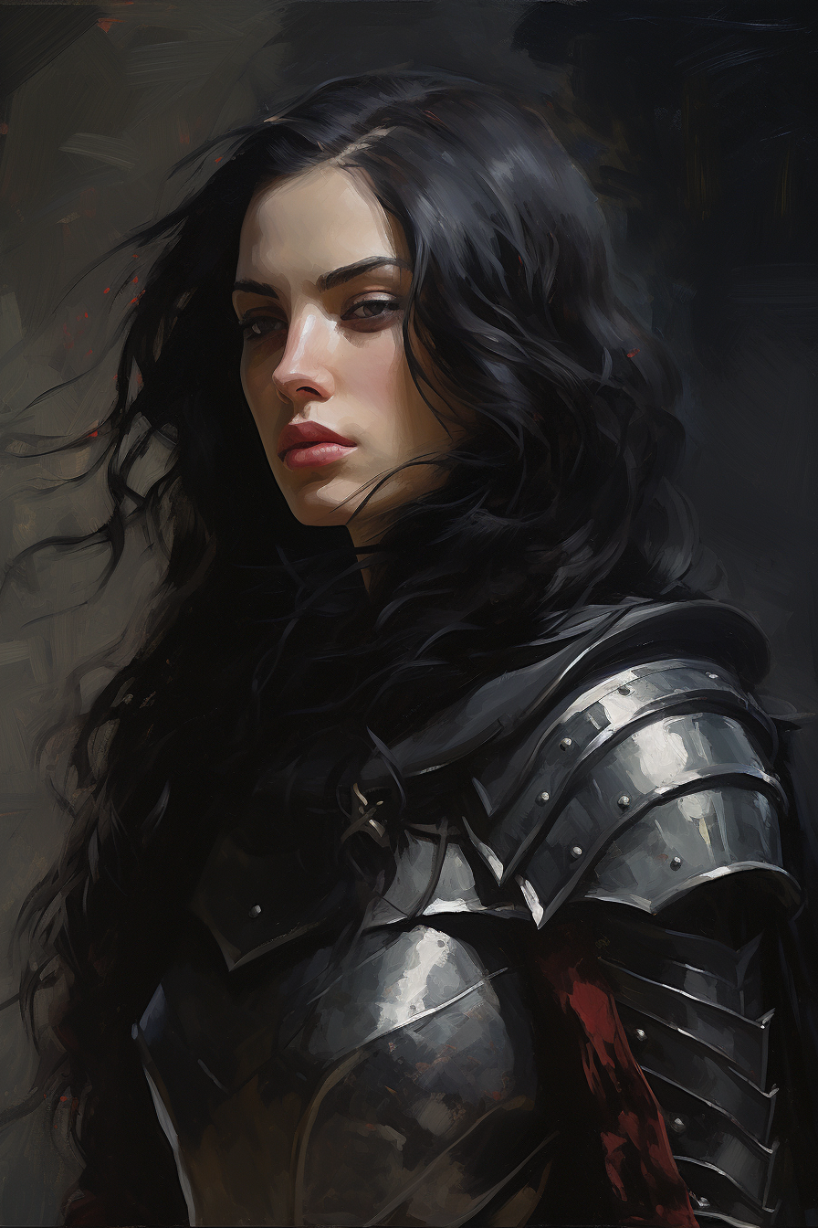 Image of a black-haired, black-armored knight with long hair and black eyes