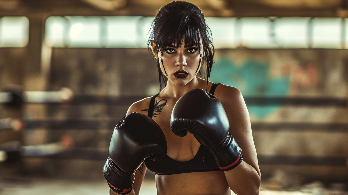 Black-haired female boxer in cool pose