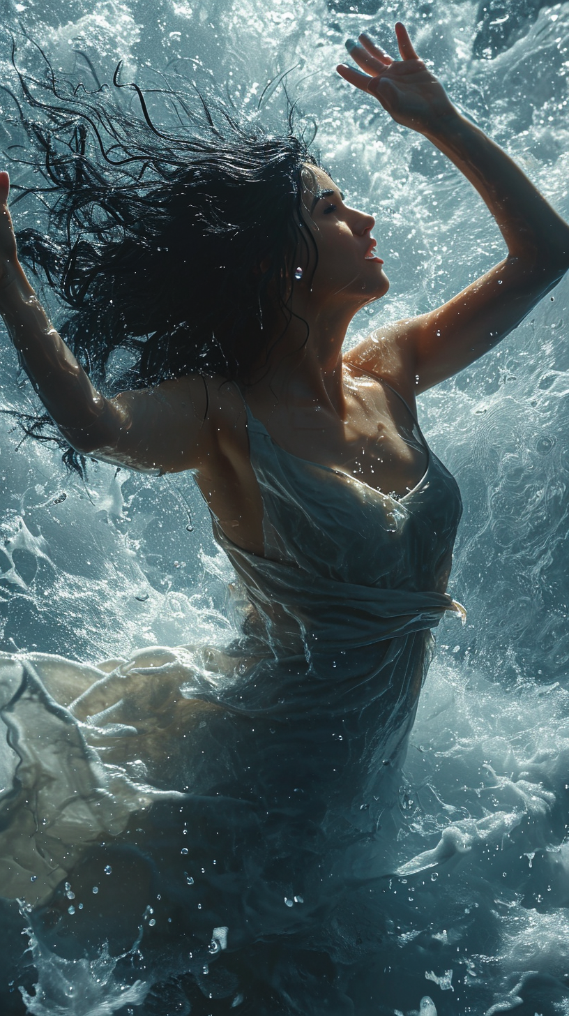 Beautiful black-haired woman floating in lightning storm tornado