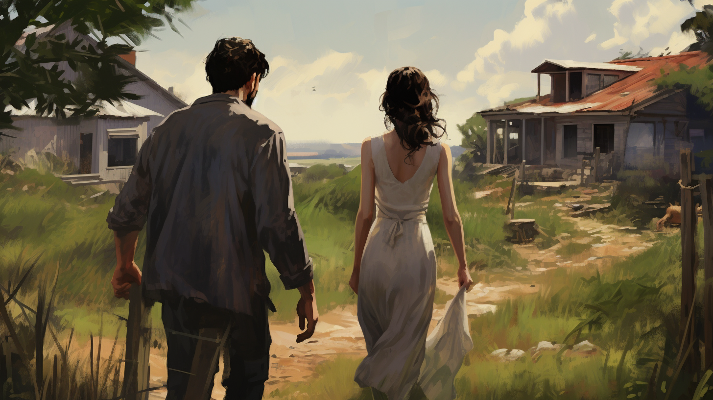 Woman and Man Walking in Rural Stay