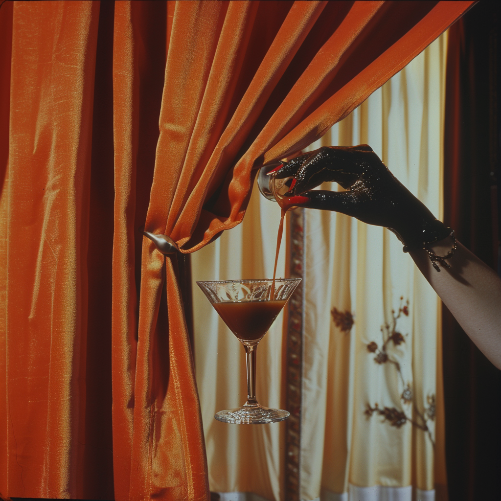 Hand pouring coffee through orange curtain