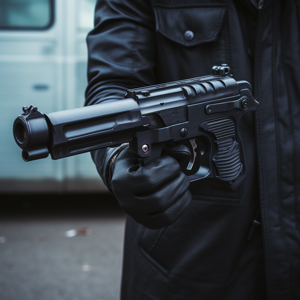 Black hand holding pistol with silencer