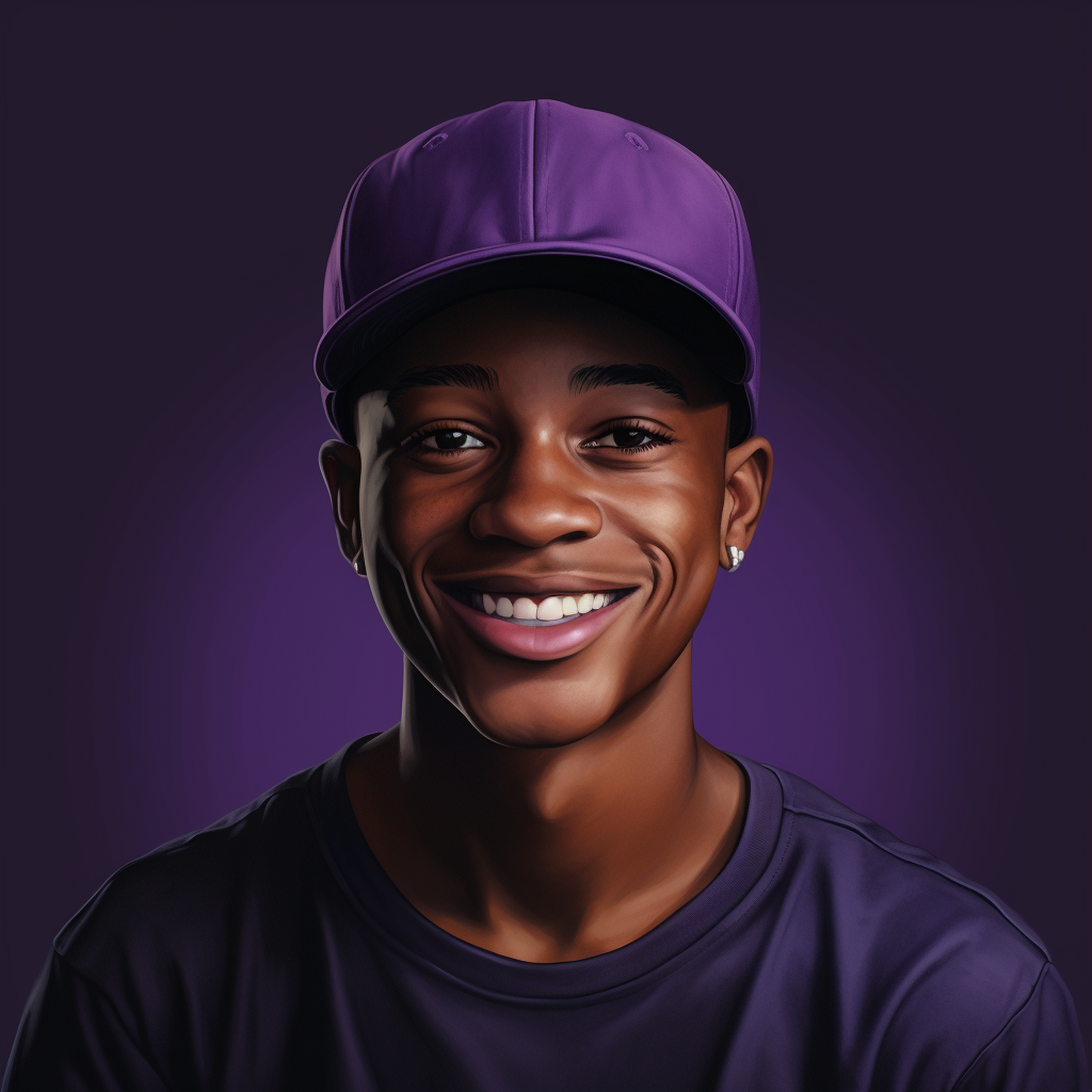 Black highschool boy wearing purple tshirt and cap smiling