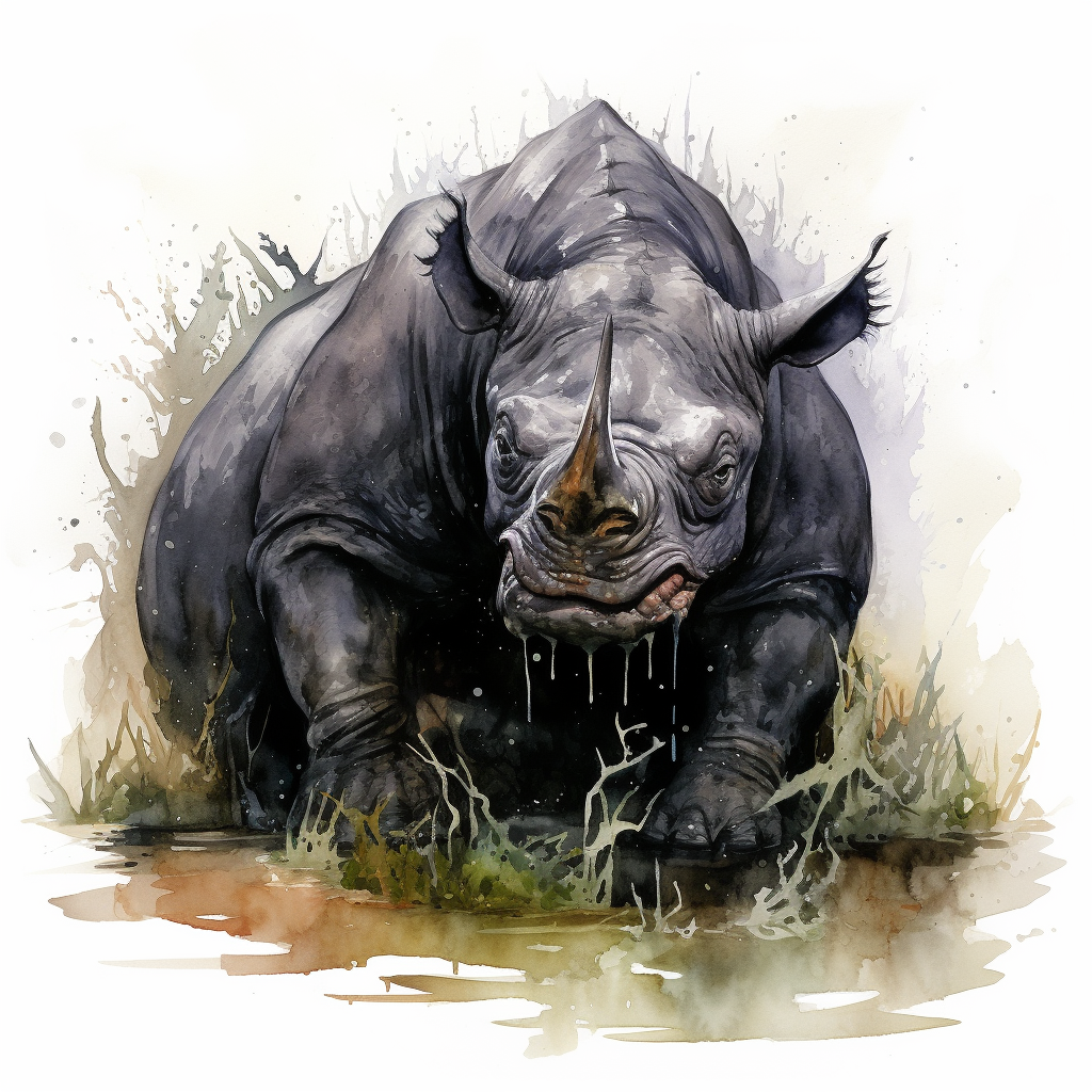 Territorial black hippopotamus with defensive spikes drinking water