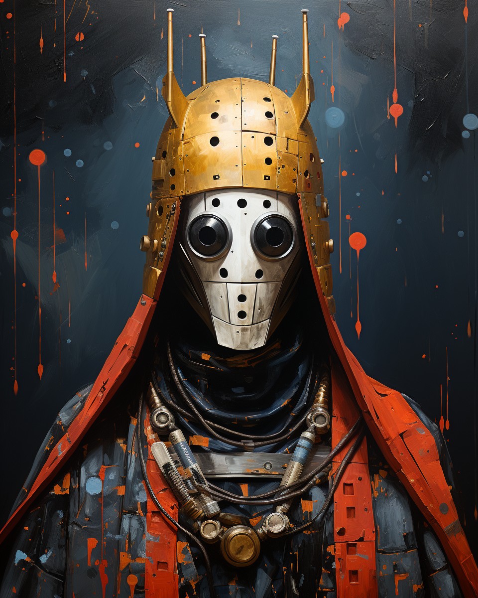 Medieval cultist with mecha mask and polka dot party hat