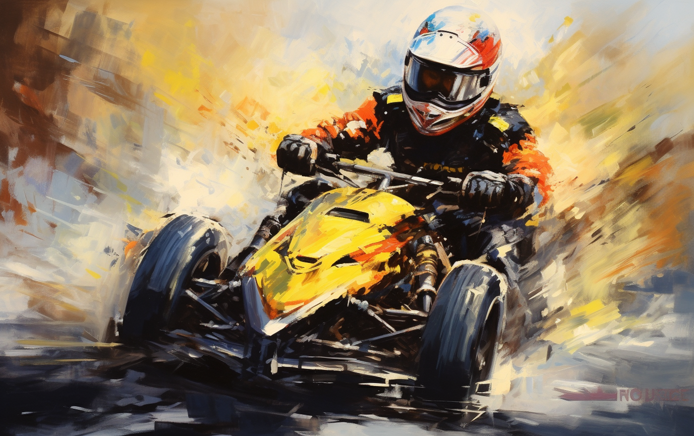 Acrylic painting of black hood men playing go-kart racing