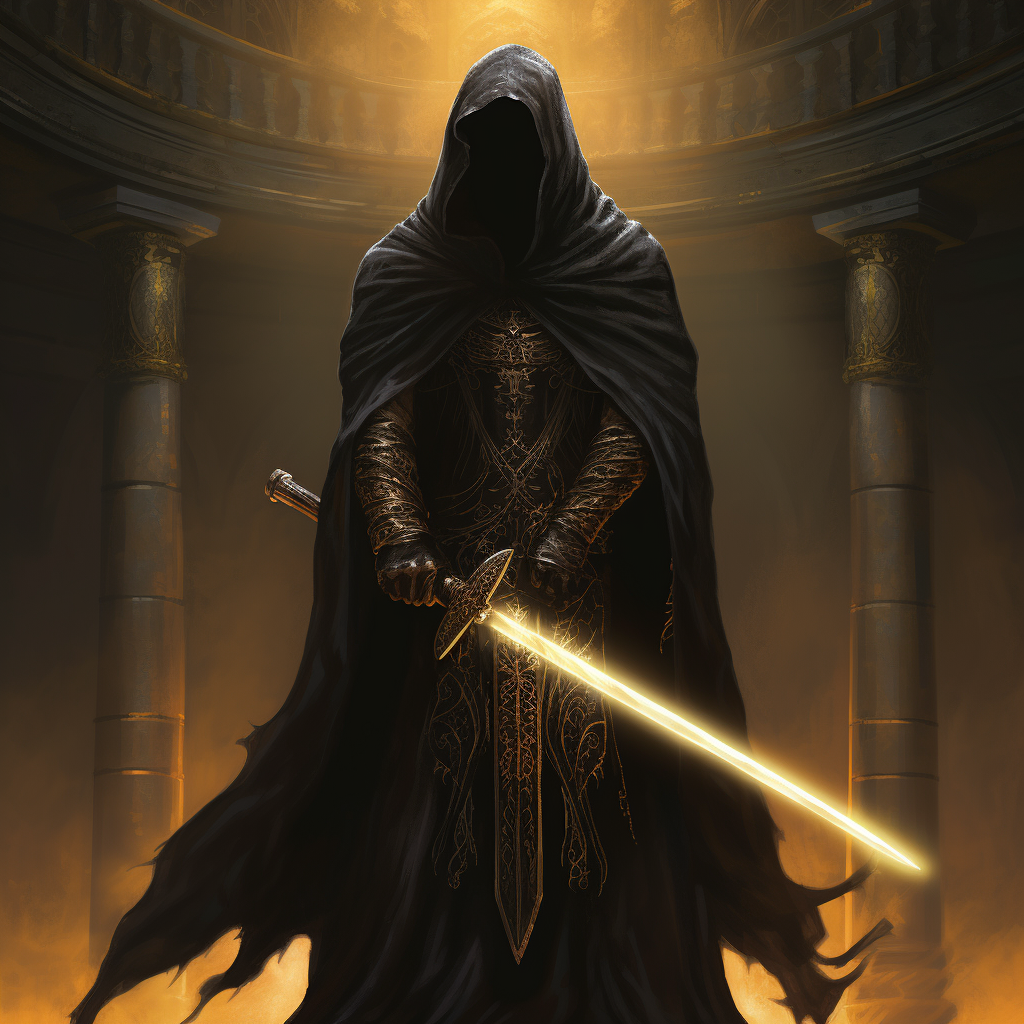 Illustration of a black hooded figure with a sword