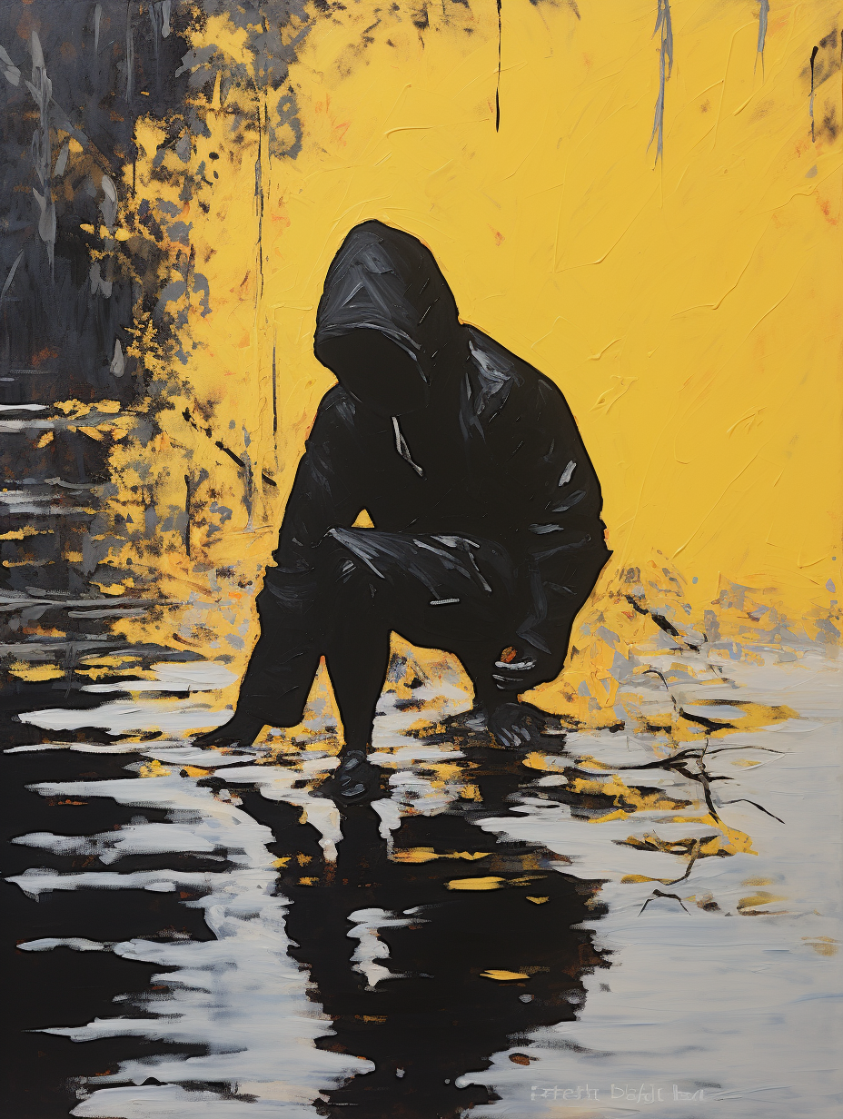 Acrylic painting of a black hooded man falling into a lake