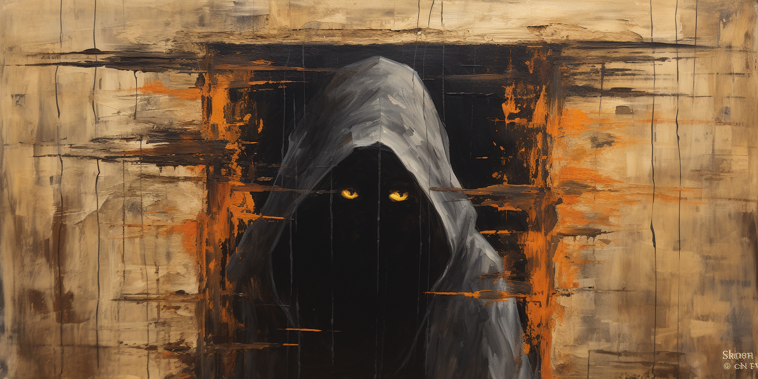 Black hooded man peeking through a destroyed wooden door