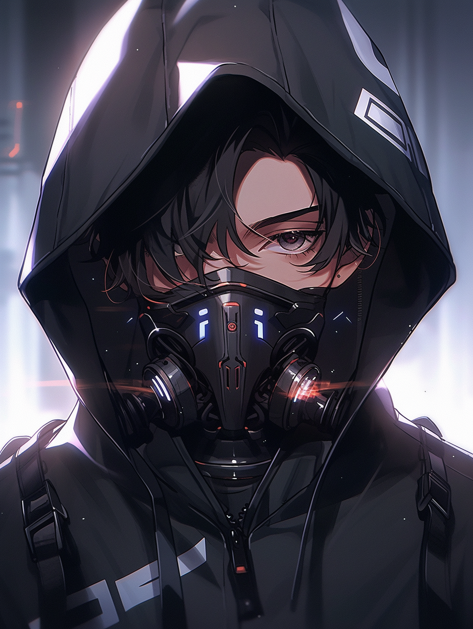 Anime boy with black hoodie and cyberpunk mask