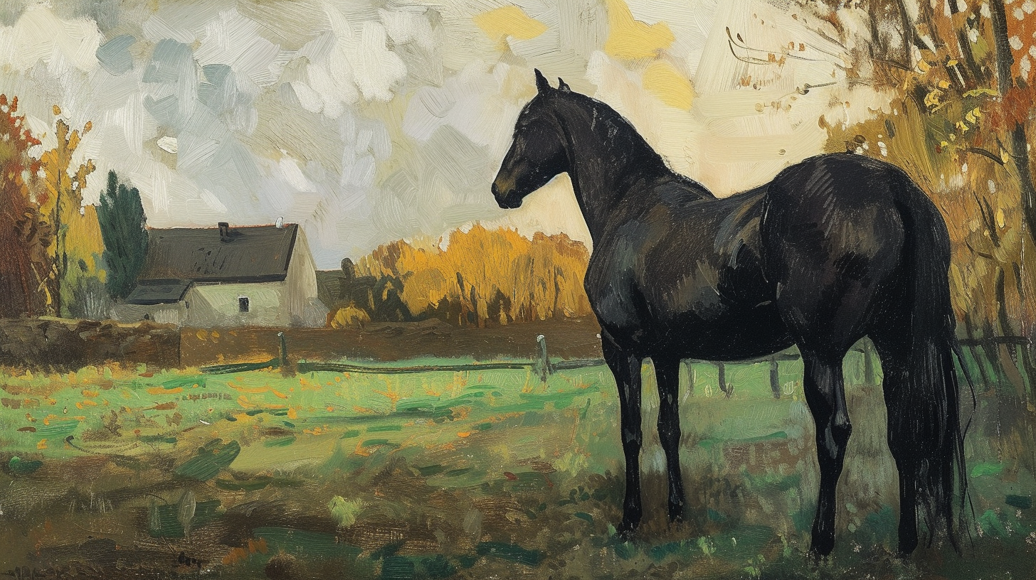 Black horse in farm setting