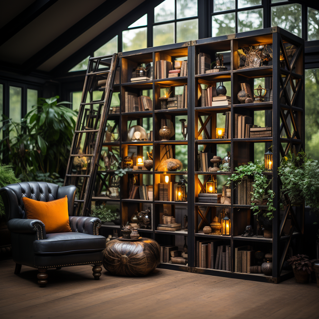 Stylish Black Iron Bookcase with Wooden Units