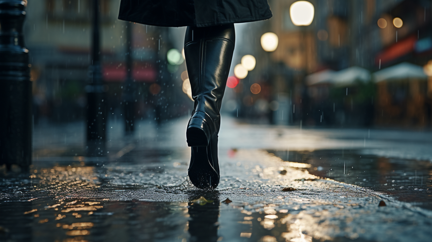 Elegant black knee-high ladies boot walking on wet sidewalk